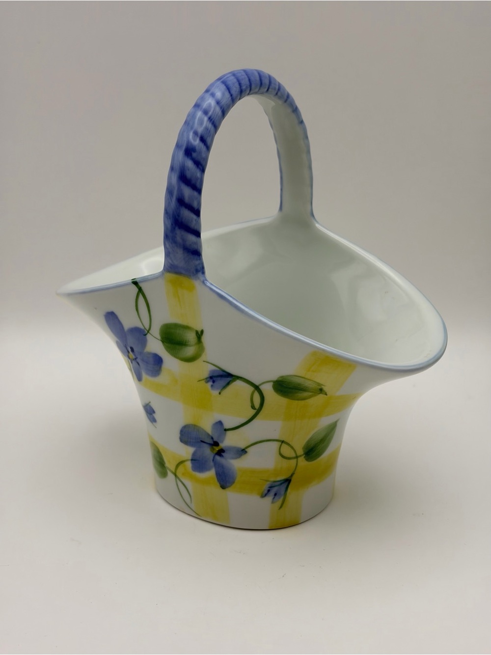Andrea Sadek, Ceramic Basket, Blue Violets/Handle, Yellow Plaid on White